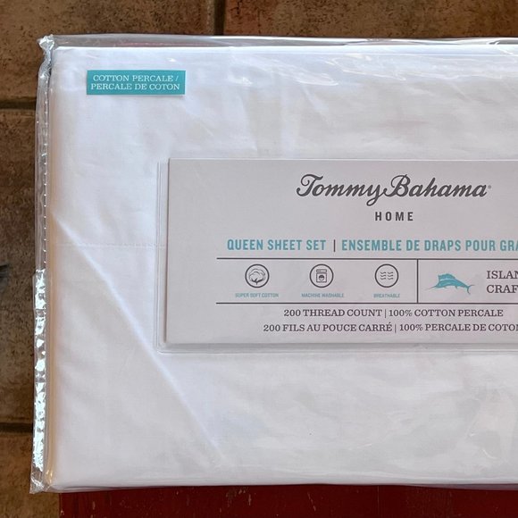 Tommy Bahama Queen Size Sheet Set - 100% Cotton Percale bright white